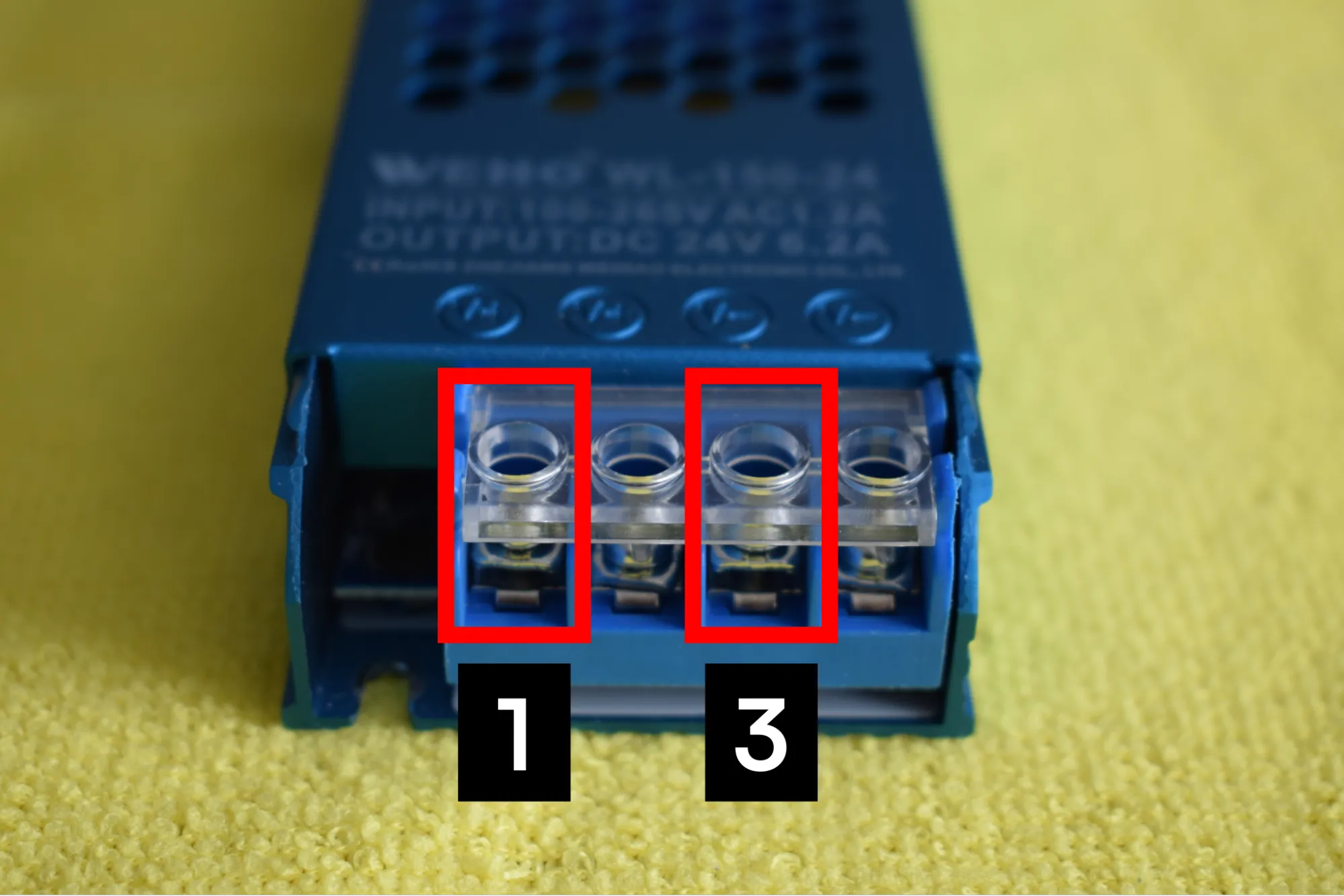 Terminal block with positions 1 and 3 marked